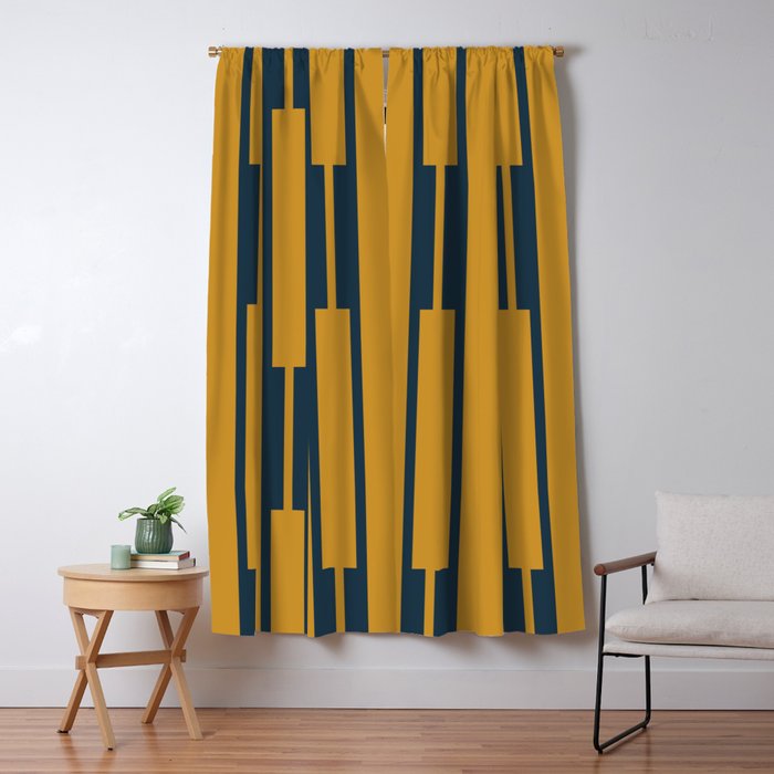 Geo Chain Dark Mustard and Navy Blue Geometric Block Stripes Vertical Pattern Window Curtain Gallery Image 5