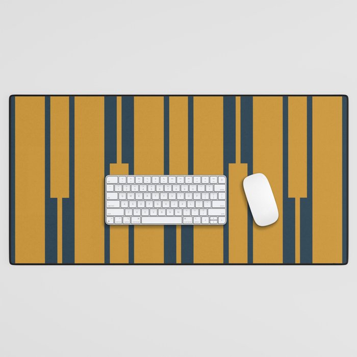 Geo Chain Dark Mustard and Navy Blue Geometric Block Stripes Vertical Pattern Desk Mat Gallery Image 1