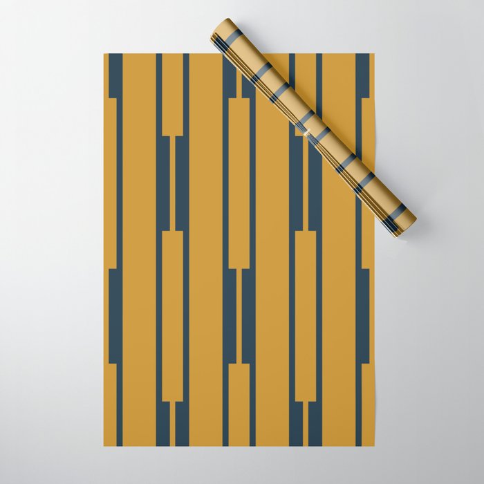 Geo Chain Dark Mustard and Navy Blue Geometric Block Stripes Vertical Pattern Wrapping Paper Gallery Image 1