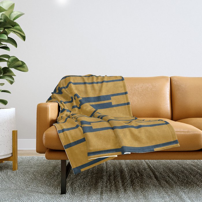 Geo Chain Dark Mustard and Navy Blue Geometric Block Stripes Vertical Pattern Throw Blanket Gallery Image 1