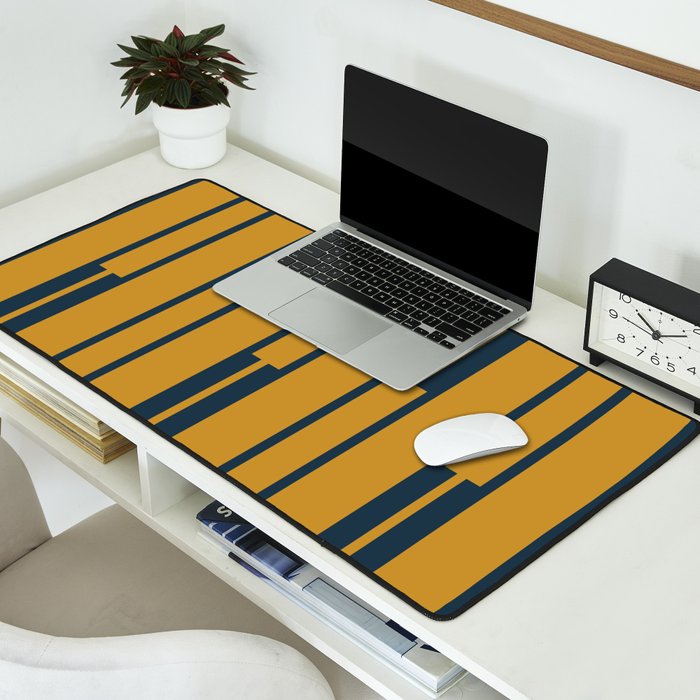 Geo Chain Dark Mustard and Navy Blue Geometric Block Stripes Vertical Pattern Desk Mat Gallery Image 2