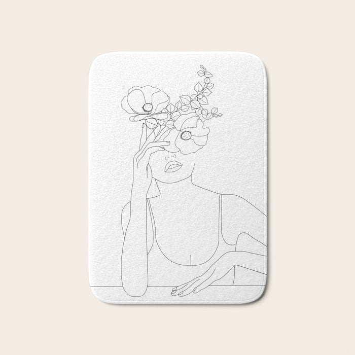 Minimal Line Art Woman with Flowers II Bath Mat Gallery Image 1