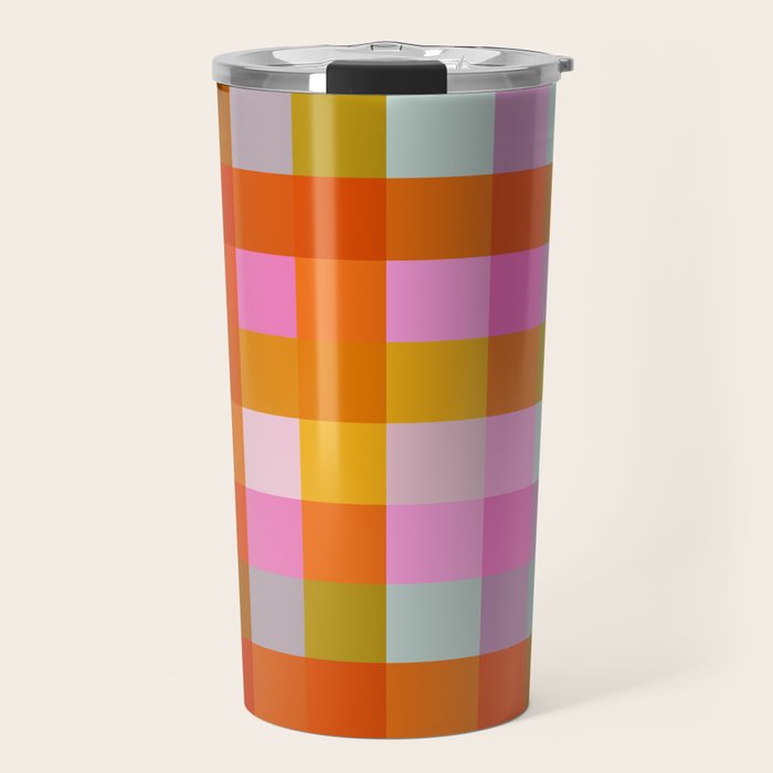 Vibrant Pink and Orange Plaid Abstract Geometric Pattern Travel Mug Gallery Image 1