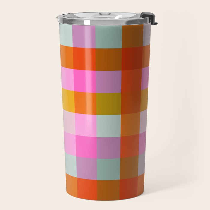 Vibrant Pink and Orange Plaid Abstract Geometric Pattern Travel Mug Gallery Image 2