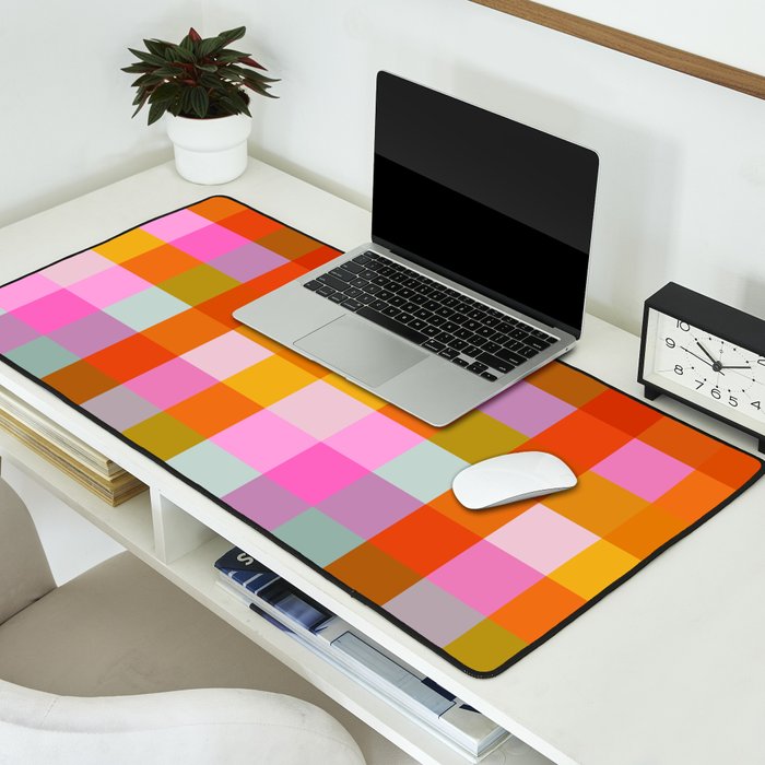 Vibrant Pink and Orange Plaid Abstract Geometric Pattern Desk Mat Gallery Image 2