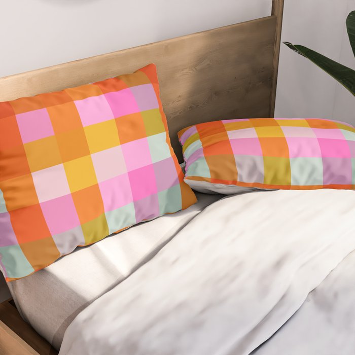 Vibrant Pink and Orange Plaid Abstract Geometric Pattern Pillow Sham Gallery Image 2
