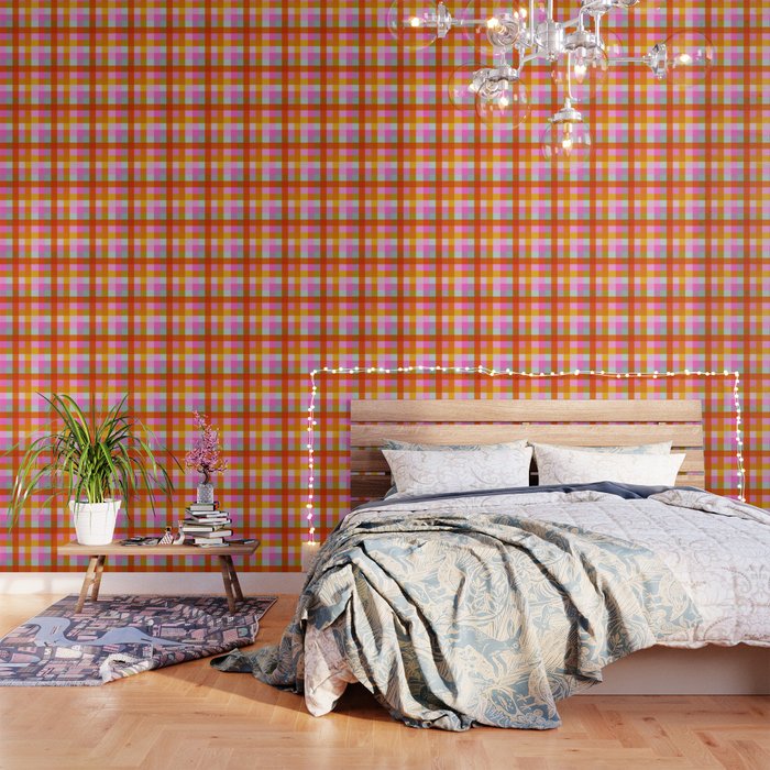 Vibrant Pink and Orange Plaid Abstract Geometric Pattern Wallpaper Gallery Image 3