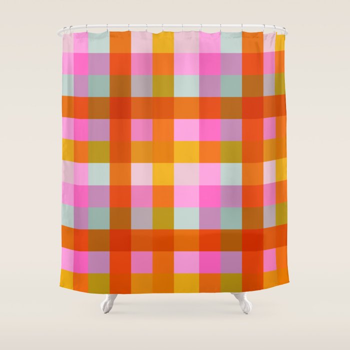 Vibrant Pink and Orange Plaid Abstract Geometric Pattern Shower Curtain Gallery Image 1