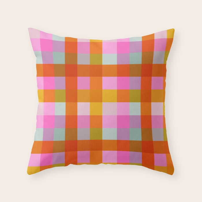 Vibrant Pink and Orange Plaid Abstract Geometric Pattern Throw Pillow Gallery Image 1