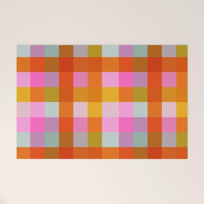 Vibrant Pink and Orange Plaid Abstract Geometric Pattern Welcome Mat Gallery Image 1