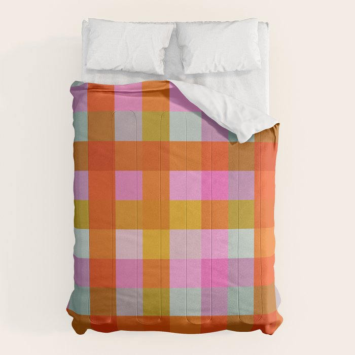 Vibrant Pink and Orange Plaid Abstract Geometric Pattern Comforter Gallery Image 1