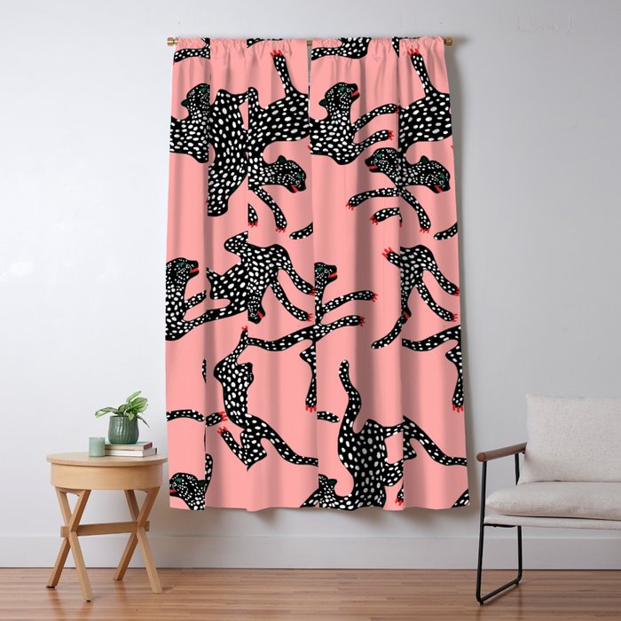 Bold Leopard Art Print on Pink with Floral Accents - Modern Animal Wall Art Window Curtain Gallery Image 5