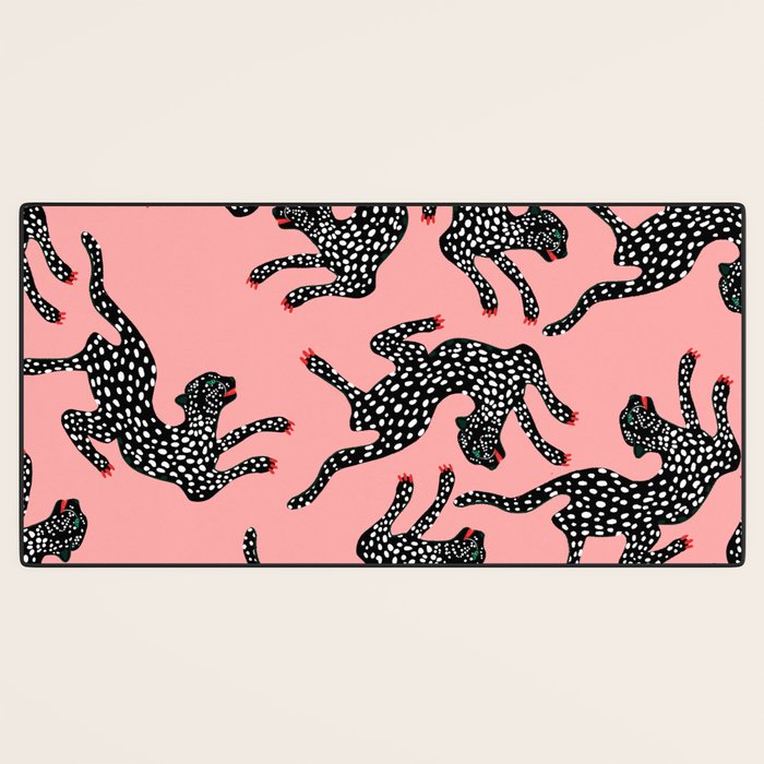 Bold Leopard Art Print on Pink with Floral Accents - Modern Animal Wall Art Desk Mat Gallery Image 3