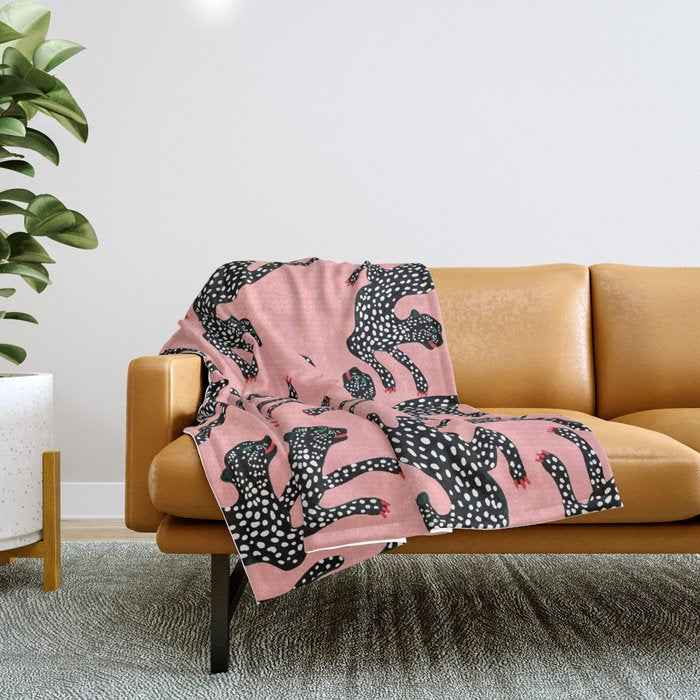 Bold Leopard Art Print on Pink with Floral Accents - Modern Animal Wall Art Throw Blanket Gallery Image 1