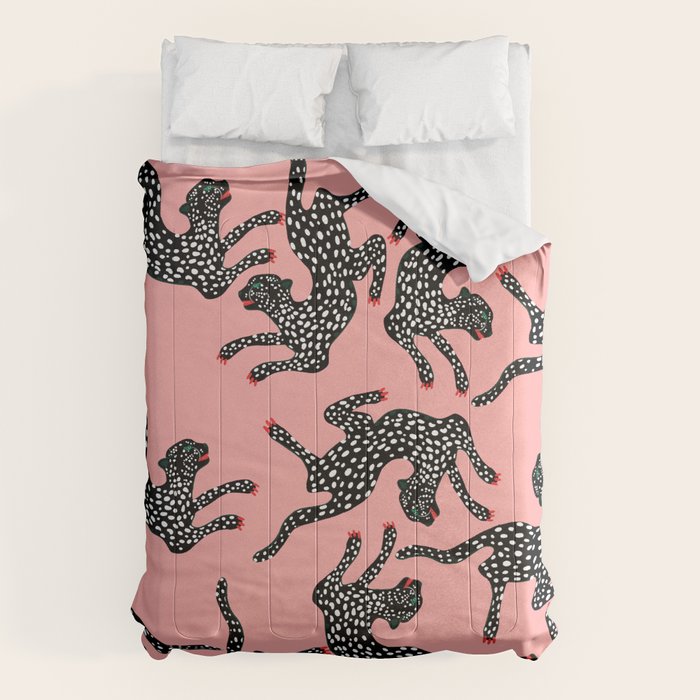 Bold Leopard Art Print on Pink with Floral Accents - Modern Animal Wall Art Comforter Gallery Image 1