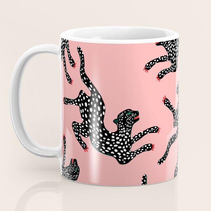 Bold Leopard Art Print on Pink with Floral Accents - Modern Animal Wall Art Coffee Mug Gallery Image 3