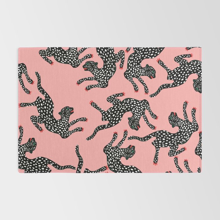 Bold Leopard Art Print on Pink with Floral Accents - Modern Animal Wall Art Rug Gallery Image 2