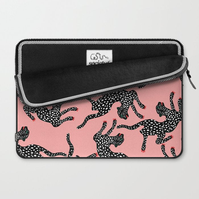 Bold Leopard Art Print on Pink with Floral Accents - Modern Animal Wall Art Laptop Sleeve Gallery Image 2