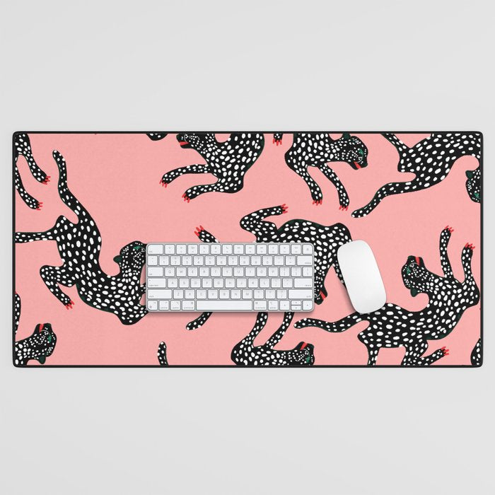 Bold Leopard Art Print on Pink with Floral Accents - Modern Animal Wall Art Desk Mat Gallery Image 1