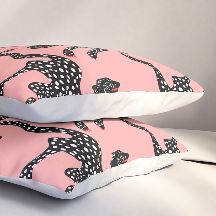 Bold Leopard Art Print on Pink with Floral Accents - Modern Animal Wall Art Pillow Sham Gallery Image 3