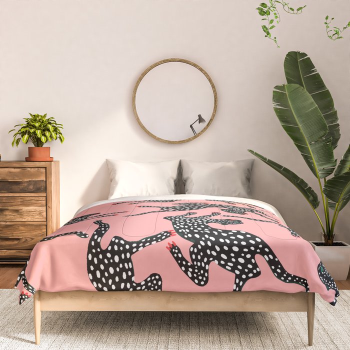 Bold Leopard Art Print on Pink with Floral Accents - Modern Animal Wall Art Comforter Gallery Image 3