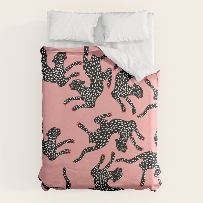 Bold Leopard Art Print on Pink with Floral Accents - Modern Animal Wall Art Duvet Cover Gallery Image 6