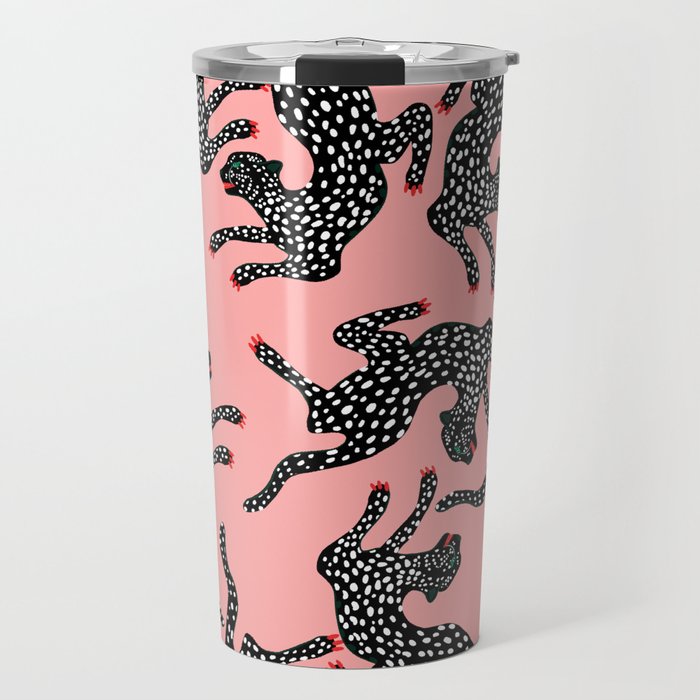 Bold Leopard Art Print on Pink with Floral Accents - Modern Animal Wall Art Travel Mug Gallery Image 1