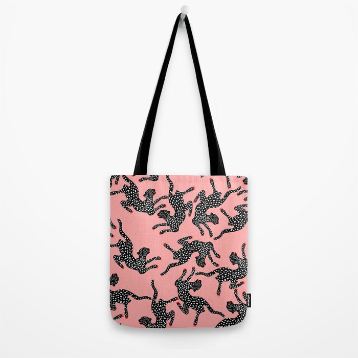 Bold Leopard Art Print on Pink with Floral Accents - Modern Animal Wall Art Tote Bag Gallery Image 2