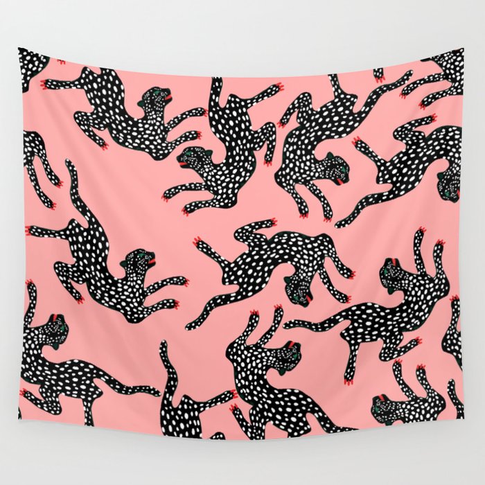Bold Leopard Art Print on Pink with Floral Accents - Modern Animal Wall Art Wall Tapestry Gallery Image 1