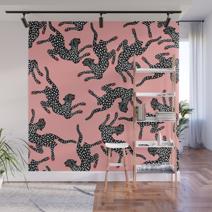 Bold Leopard Art Print on Pink with Floral Accents - Modern Animal Wall Art Wall Mural Gallery Image 1