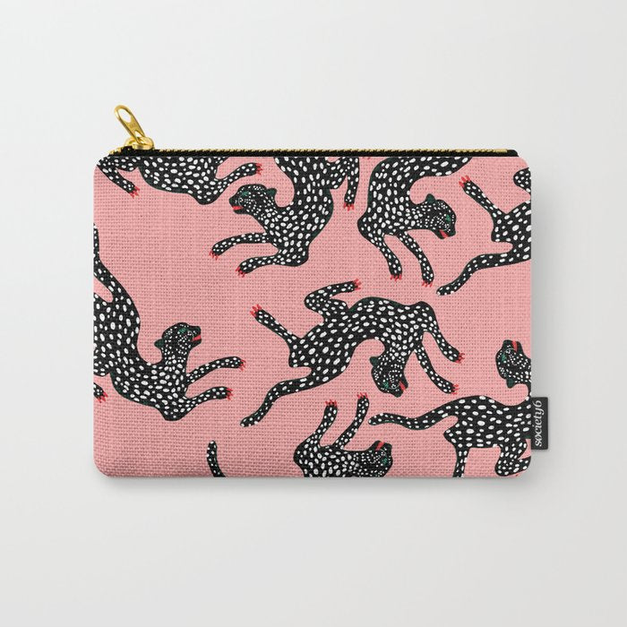 Bold Leopard Art Print on Pink with Floral Accents - Modern Animal Wall Art Carry All Pouch Gallery Image 1