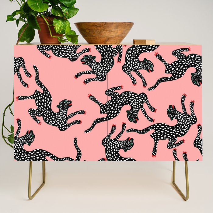 Bold Leopard Art Print on Pink with Floral Accents - Modern Animal Wall Art Credenza Gallery Image 1