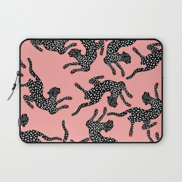 Bold Leopard Art Print on Pink with Floral Accents - Modern Animal Wall Art Laptop Sleeve Gallery Image 1