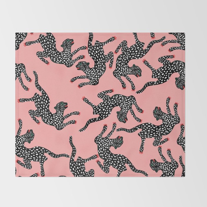 Bold Leopard Art Print on Pink with Floral Accents - Modern Animal Wall Art Throw Blanket Gallery Image 2