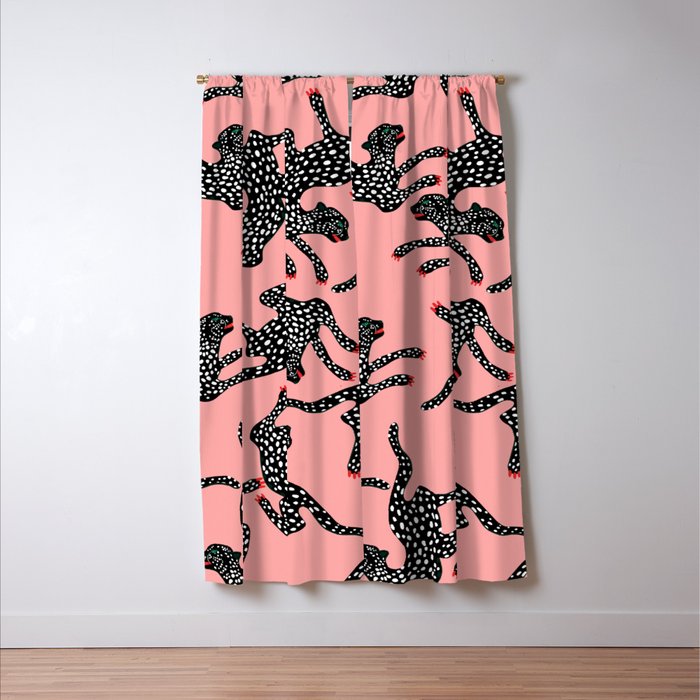 Bold Leopard Art Print on Pink with Floral Accents - Modern Animal Wall Art Window Curtain Gallery Image 3