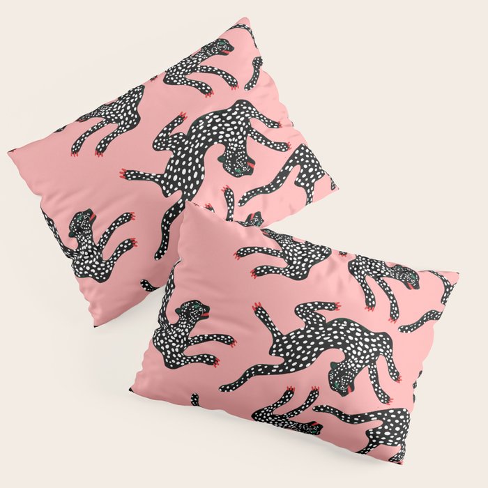 Bold Leopard Art Print on Pink with Floral Accents - Modern Animal Wall Art Pillow Sham Gallery Image 1