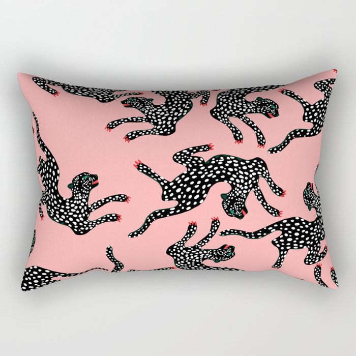 Bold Leopard Art Print on Pink with Floral Accents - Modern Animal Wall Art Rectangular Pillow Gallery Image 2