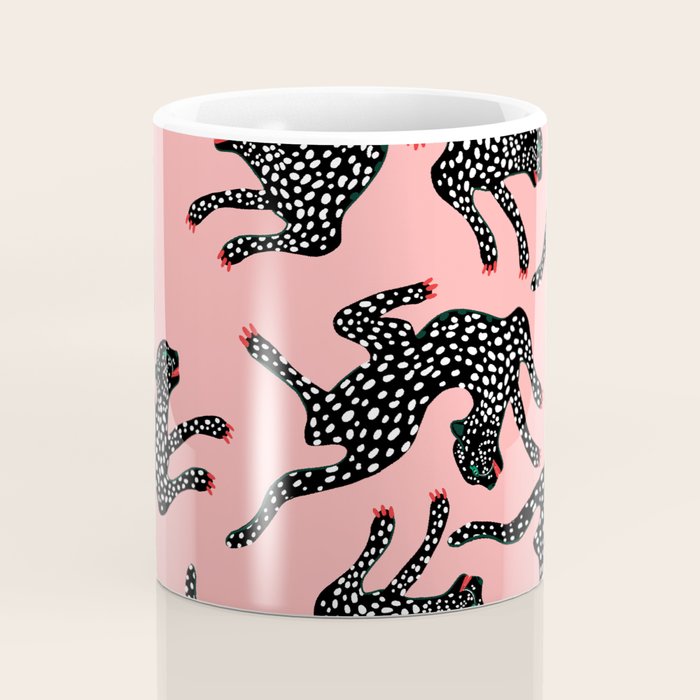 Bold Leopard Art Print on Pink with Floral Accents - Modern Animal Wall Art Coffee Mug Gallery Image 4