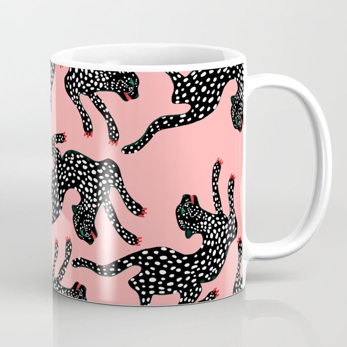 Bold Leopard Art Print on Pink with Floral Accents - Modern Animal Wall Art Coffee Mug Gallery Image 1
