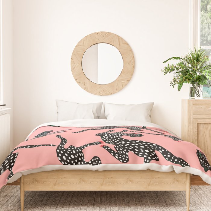 Bold Leopard Art Print on Pink with Floral Accents - Modern Animal Wall Art Duvet Cover Gallery Image 3