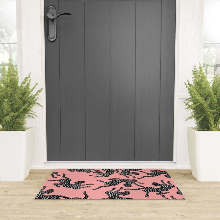 Bold Leopard Art Print on Pink with Floral Accents - Modern Animal Wall Art Welcome Mat Gallery Image 3