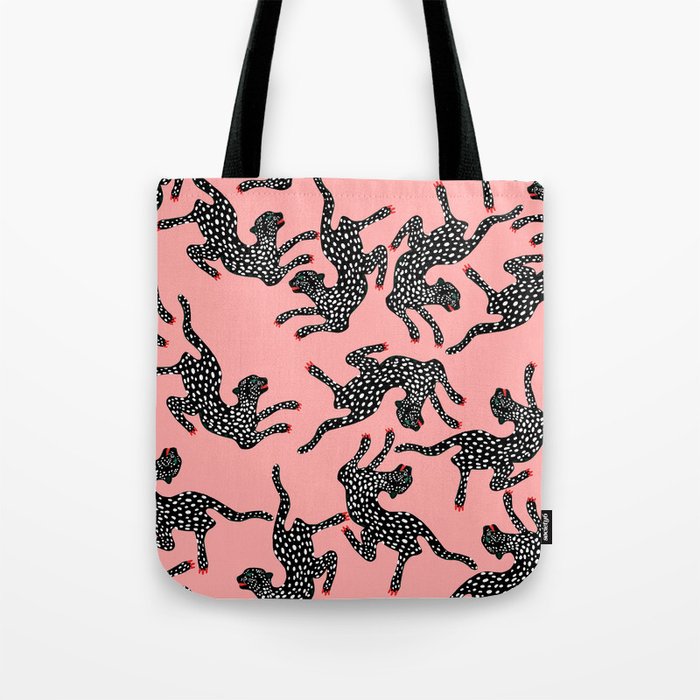 Bold Leopard Art Print on Pink with Floral Accents - Modern Animal Wall Art Tote Bag Gallery Image 1
