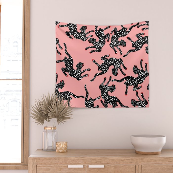 Bold Leopard Art Print on Pink with Floral Accents - Modern Animal Wall Art Wall Tapestry Gallery Image 2