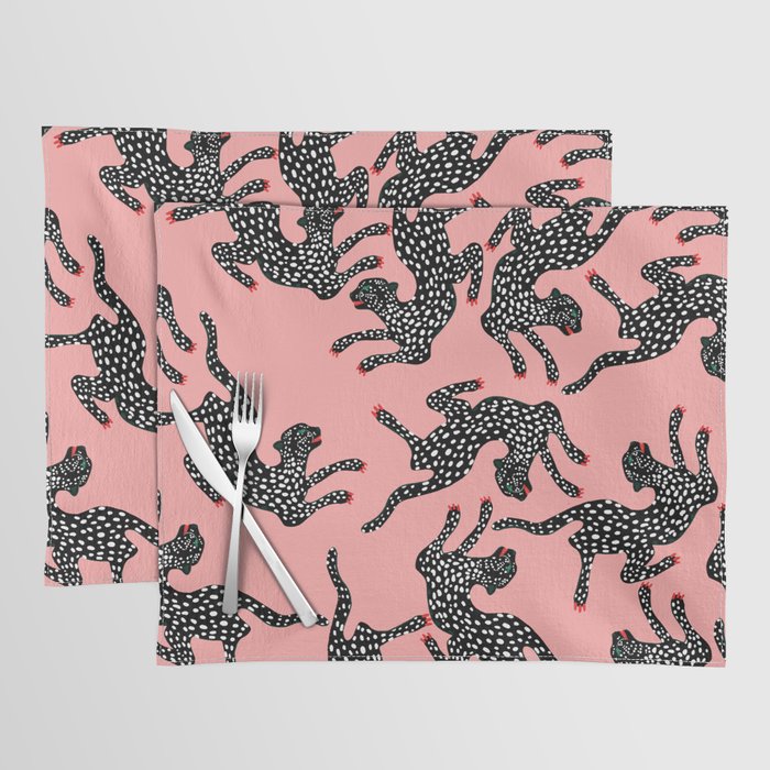 Bold Leopard Art Print on Pink with Floral Accents - Modern Animal Wall Art Placemat Gallery Image 1