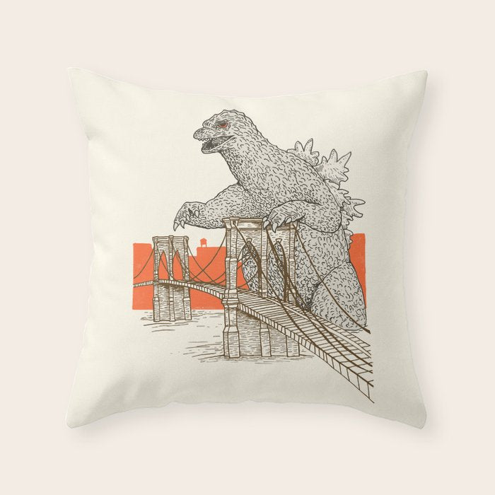Godzilla vs. the Brooklyn Bridge Throw Pillow Gallery Image 1