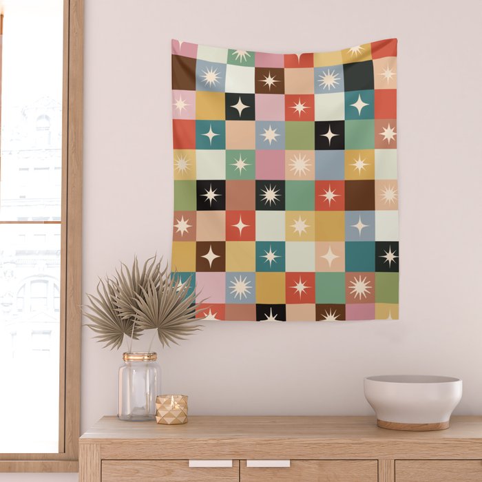 Retro Festive Sparkle Checker  Wall Tapestry Gallery Image 2
