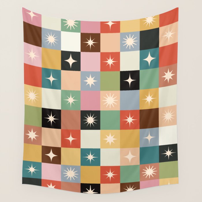 Retro Festive Sparkle Checker  Wall Tapestry Gallery Image 4