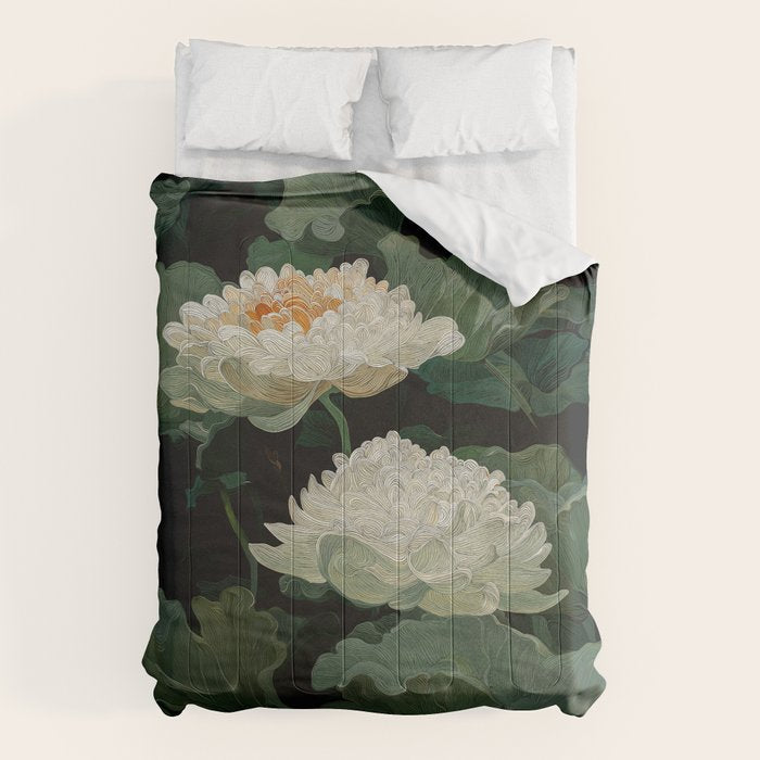 Floral Japandi Wall Art Lotus Flower Print Japanese Wall Art Sage Green Poster Wabi Sabi Painting Comforter Gallery Image 1