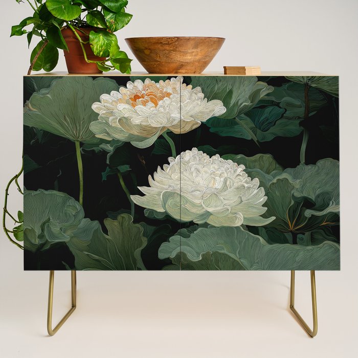 Floral Japandi Wall Art Lotus Flower Print Japanese Wall Art Sage Green Poster Wabi Sabi Painting Credenza Gallery Image 1
