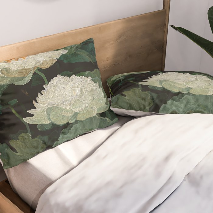 Floral Japandi Wall Art Lotus Flower Print Japanese Wall Art Sage Green Poster Wabi Sabi Painting Pillow Sham Gallery Image 2